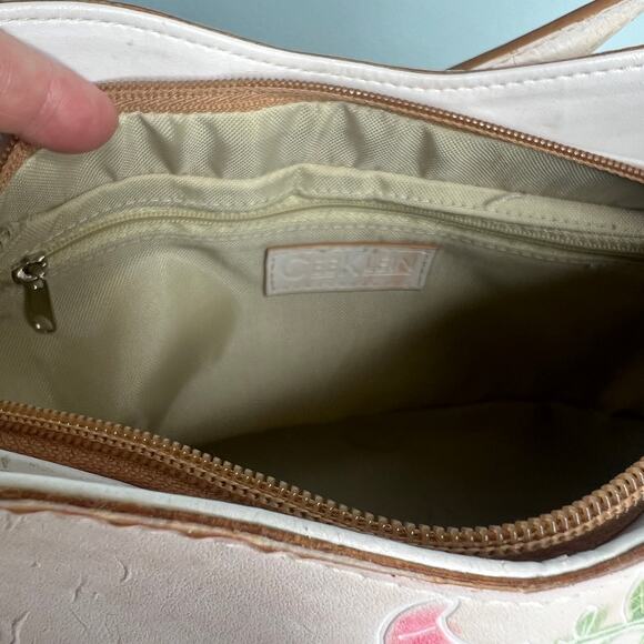 Cee Klein Purse Ivory Leather Basketweave Shoulder Bag Embossed Pink Roses - Picture 11 of 13